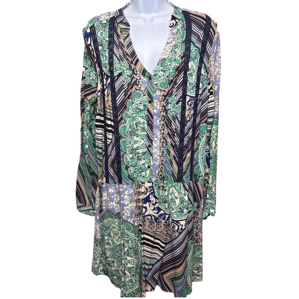 TINY x ANTHROPOLOGIE Green Mixed Print Peasant Tunic Dress S Boho-Chic‎ Artsy